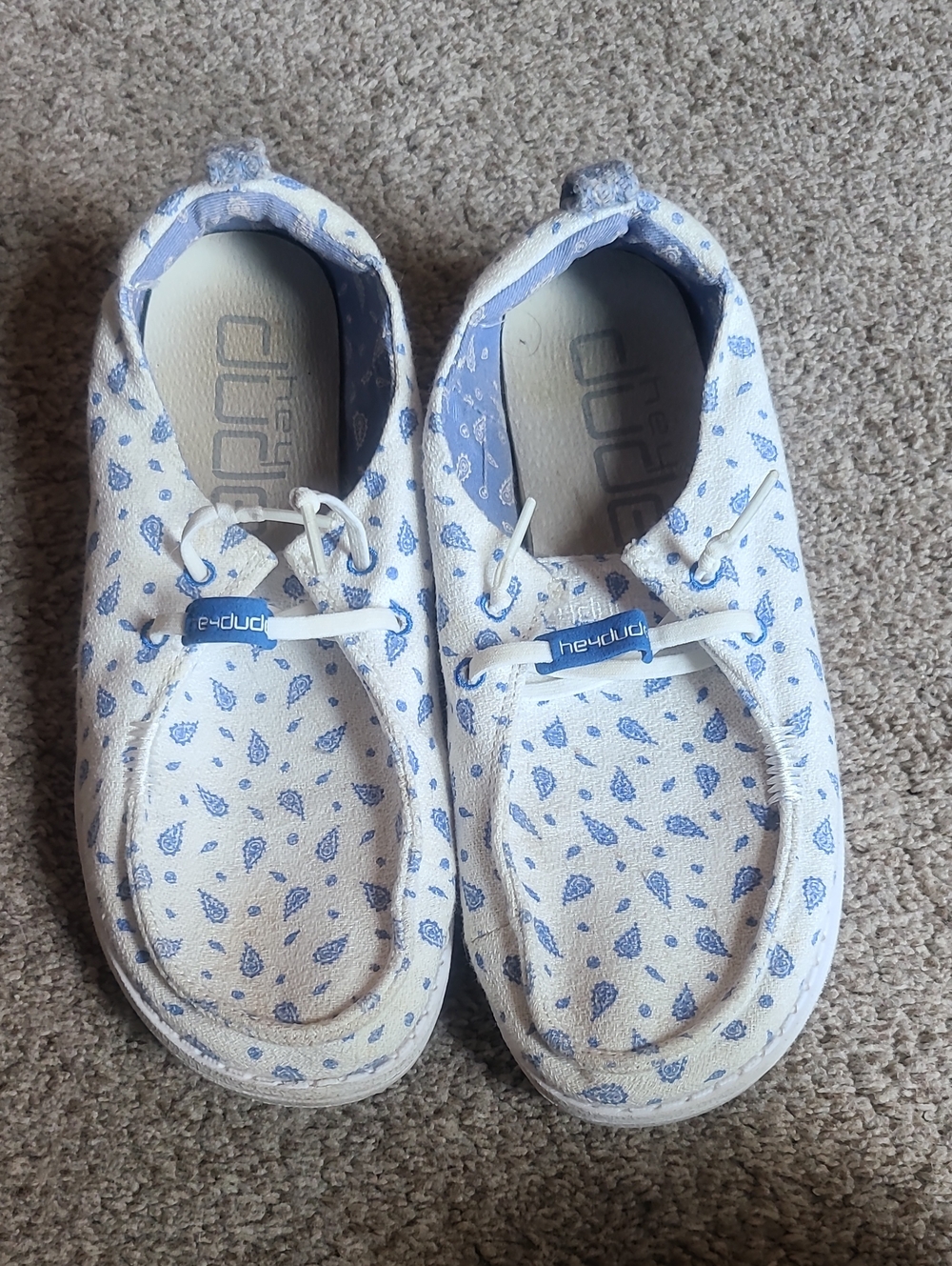 Hey Dude White Slip-On Moccasins with Blue Leaf Print